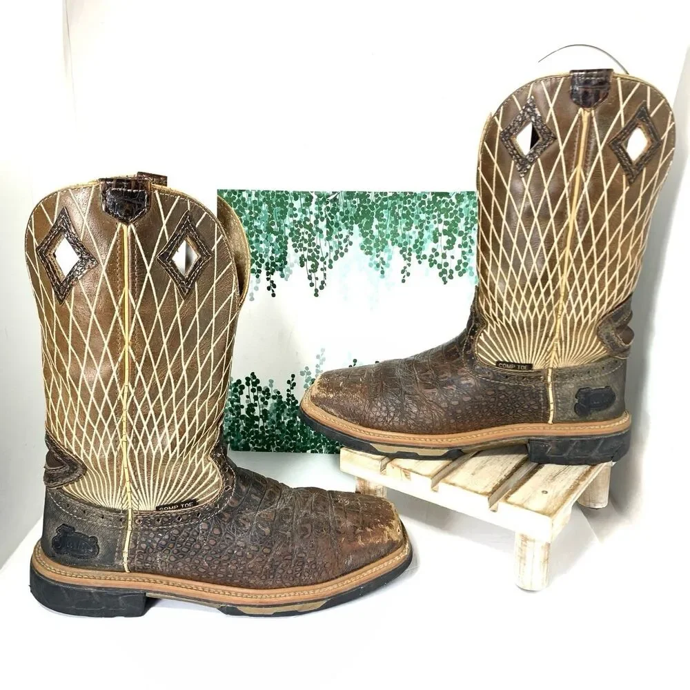 Justin Mens Comp Toe Work Boots Croc Print Size 9 D Western Shaft WK4833